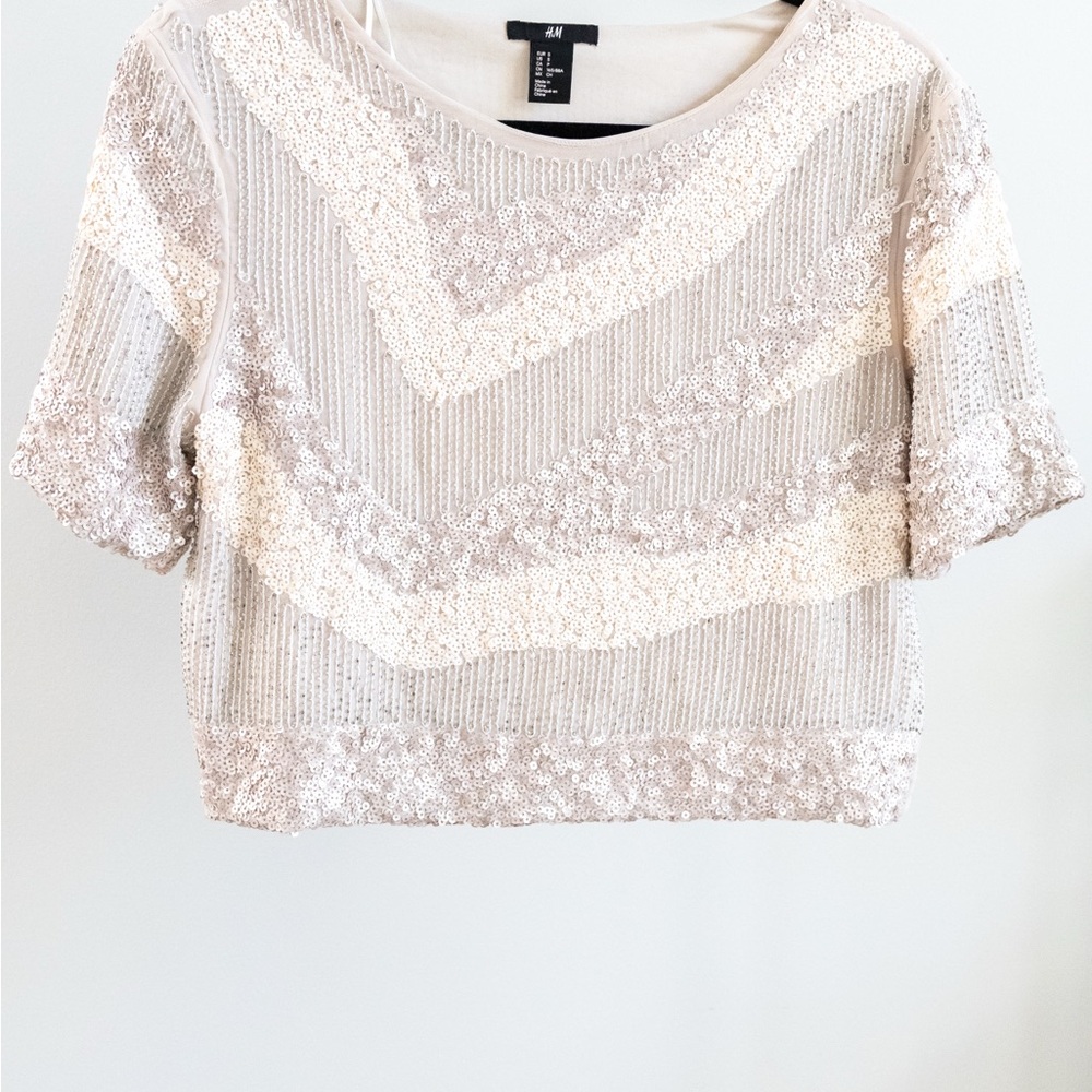 H&M Women's Sequin Crop Top - Silver and Cream